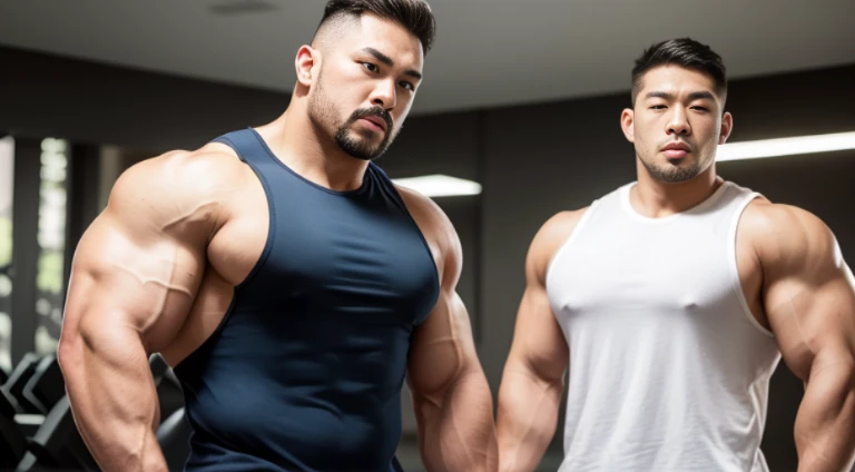 (Very detailed 8k wallpaper), two asian men, muscle worship, arms folded, At the gym, high detailing, buzzcut, very large and strong body, bulging muscles, well-muscled, very large pectoral muscles. Very sexy abs, legs are muscular, Toned figure, lightens ...