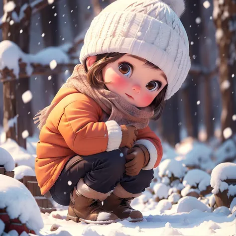 1girl, snow, solo, gloves, brown hair, winter clothes, boots, hat, snowing, coat, brown eyes, scarf, winter, fur trim, blush