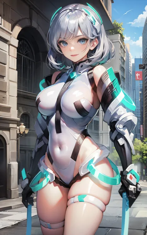 lightsmile, deva battle suit, Outdoors, Silver hair, bobhair, Blue eyes, waist shot