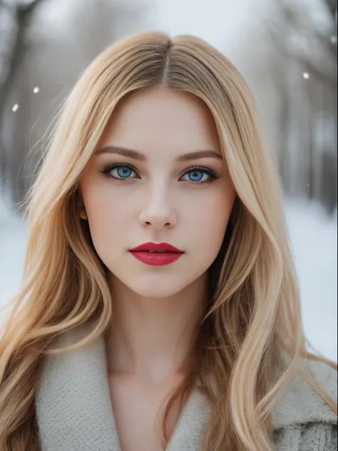 professional photo of a beautiful winter landscape and a beautiful woman, blonde hair, blue eye, red lips, elaborate details, shallow depth of field, bokeh, cinematic effect