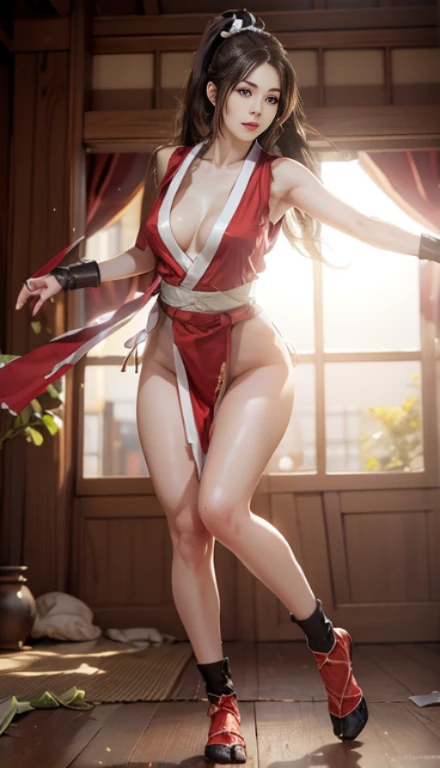 mai shiranui, Brown eyes, Full body portrait, Toes are visible, Standing, Full body, Prestige, Long hair, Brown hair, White ribbon, Sleeveless, poneyTail, sash, pelvis curtain, arm guards, mitts, tabi, fascinated expression, Sexy eyes, medium breasts, Smil...