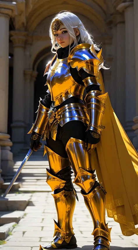 araffed woman in a gold costume posing in front of a column, portrait knights of zodiac girl, knights of zodiac girl, ornate cosplay, angelic golden armor, golden armor, saint seiya, wearing gold armor, glamourous cosplay, stunning armor, wearing golden ar...