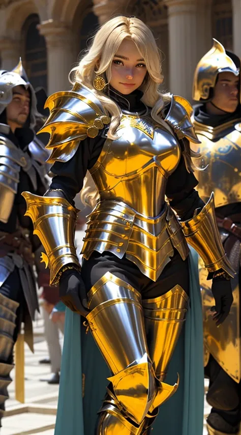 araffed woman in a gold costume posing in front of a column, portrait knights of zodiac girl, knights of zodiac girl, ornate cosplay, angelic golden armor, golden armor, saint seiya, wearing gold armor, glamourous cosplay, stunning armor, wearing golden ar...