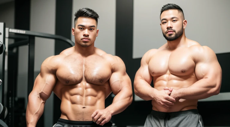 (Very detailed 8k wallpaper), two asian men, muscle worship, arms folded, At the gym, high detailing, buzzcut, very large and strong body, bulging muscles, well-muscled, very large pectoral muscles. Very sexy abs, legs are muscular, Toned figure, lightens ...