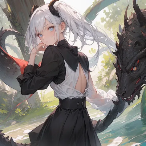 (melhor qualidade: 1.0), (super high res: 1.0), 1girl, personagem extremamente detalhado, detailed hands, Half-dragon girl, chifres, Dragon horns, Girl with black dragon tail, Black dragon tail, Cabelo extremamente detalhado, cabelo curto, ((short hair)), ...