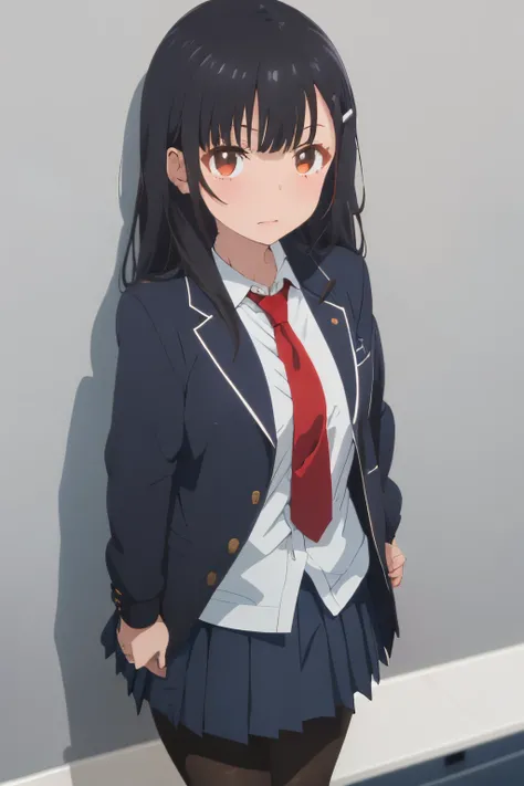 masterpiece, best quality,1girl,solo, irido yume,black hair,long hair,brown eyes,hairclip,school uniform, blue jacket,dress shirt, red necktie, blue pleated skirt,black pantyhose,simple background,white background,wind,wind lift, aroused, naughty face.