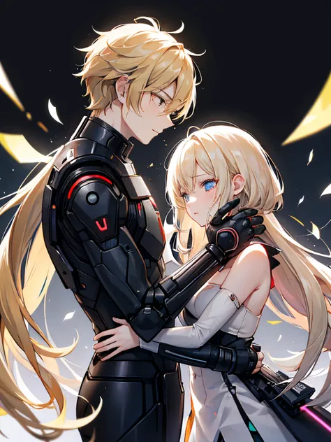 A love story between an android and a human in their 20s、tragic love、android（male people、A dark-haired、short-hair、The face is human、The whole body is made of machines、Ears are also machines）、The human（femele、a blond、Semi-long hair、wearing modern clothes、Cr...