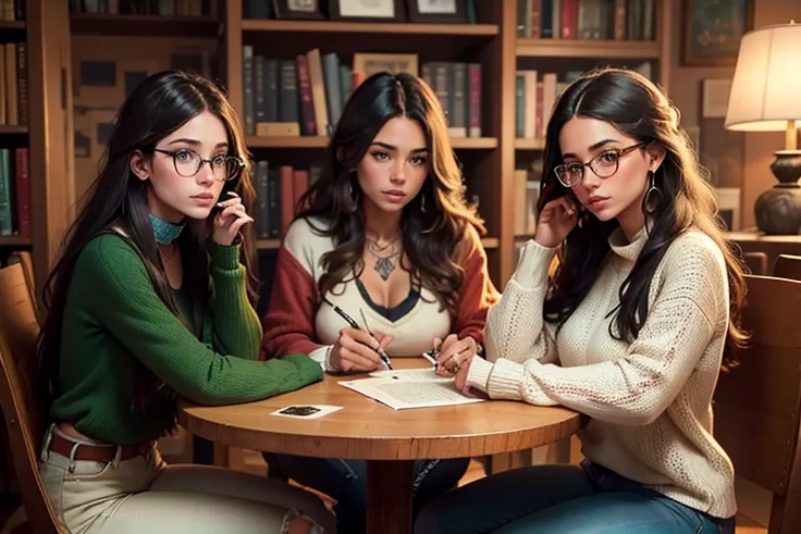 Three Gorgeous artsy women, long flowing thick natural hair, dressed in  knit sweaters and ripped jeans pants, jewelry, tattoos, indie punk aesthetic, beautiful athletic body, lovely lively expressive eyes, painting in a library in autumn, lovely colorful ...