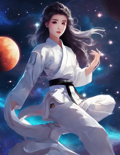 1 rapariga, strong karateka, 18year old, long-sleeve,long trousers、Karate Techniques、White Karate Uniform、Black belt、length hair、Beautiful face、The knot of the obi is in the middle