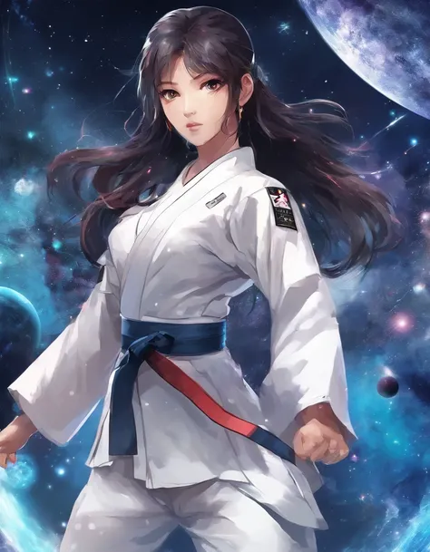 1 rapariga, strong karateka, 18year old, long-sleeve,long trousers、Karate Techniques、White Karate Uniform、Black belt、length hair、Beautiful face、The knot of the obi is in the middle