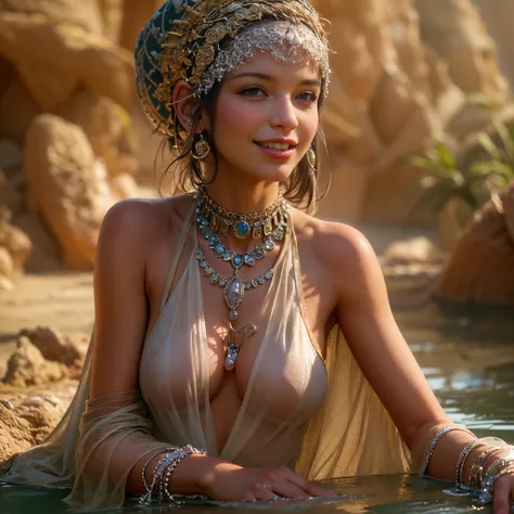 (best quality, 8k, 32k, masterpiece, uhd:1.2) water nymph welcomes you to her private oasis, deep in the desert, jewelry, clothe...