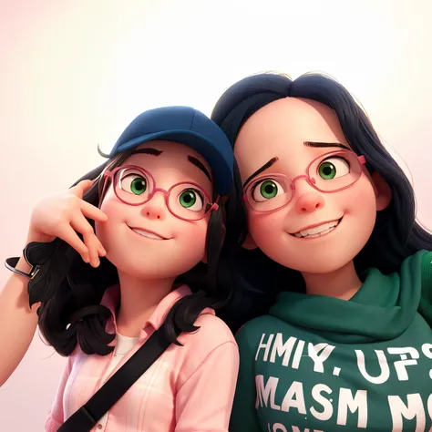 the girl in light pink wears a cap and has thin body. the girl in green shirt has an eyeglasses and somewhat chubby. 3D image