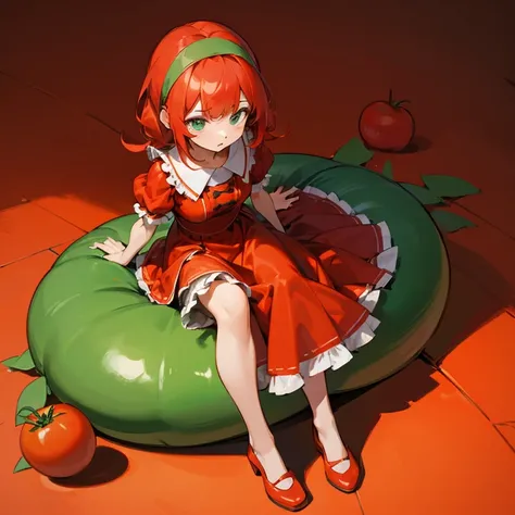 A girl is sitting on a giant tomato　Red dress with ruffles　Knee-length skirt　Green headband　red hairs　lots of small tomatoes