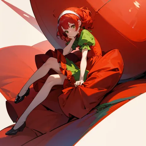 A girl is sitting on a giant tomato　Red dress with ruffles　Knee-length skirt　Green headband　red hairs　lots of small tomatoes