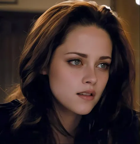 um close up de uma mulher com cabelos longos e uma jaqueta preta, Kristen Stewart, mas um olhar severo sobre ela, hot, & her expression is solemn, Emma, Twilight, com um sorriso derramando, Fumegante, fumegante intenso, her gaze is downcast, bonito, ela te...