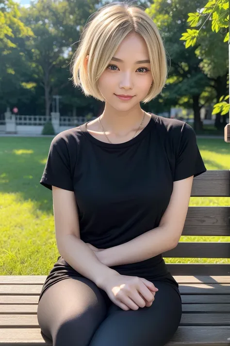 Ultra-realistic 8K CG, Picture-perfect face, "１９An old woman、Blonde shorthair、Wearing casual clothes and relaxing in everyday life。She wears comfortable black leggings and a simple black top、Im wearing white sneakers。sitting on a bench in the park、Having a...