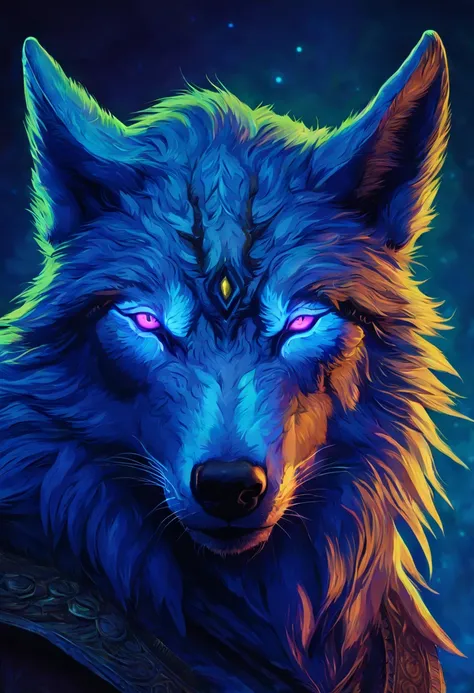 Portrait of a Wolf with blacklight makeup, fantasy, highly detailed, digital painting, artstation, concept art, sharp focus, illustration,