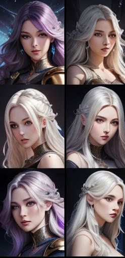 ((character sheet)), (various angles of the head) (various expressions expressions),((in six unique positions, highlighting the bust and head in each)), close up, just bust, close up of a woman with long hair, curly hair, (white hair),  and a purple dress,...