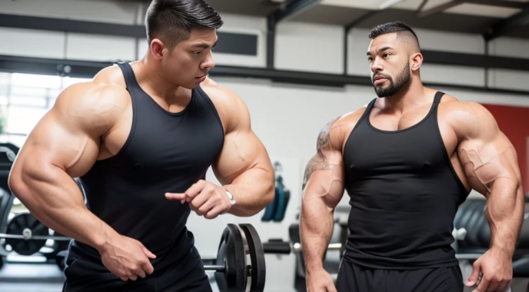 (Very detailed 8k wallpaper), two asian men, muscle worship, arms folded, At the gym, high detailing, buzzcut, very large and strong body, bulging muscles, well-muscled, very large pectoral muscles. Very sexy abs, legs are muscular, Toned figure, lightens ...