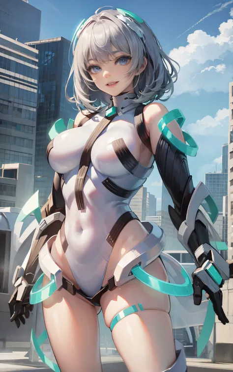 lightsmile, deva battle suit, Outdoors, Silver hair, bobhair, Blue eyes, waist shot