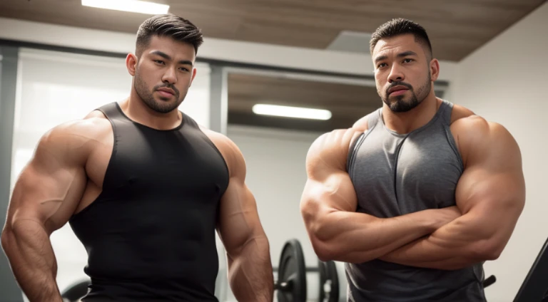 (Very detailed 8k wallpaper), two asian men, muscle worship, arms folded, At the gym, high detailing, buzzcut, very large and strong body, bulging muscles, well-muscled, very large pectoral muscles. Very sexy abs, legs are muscular, Toned figure, lightens ...