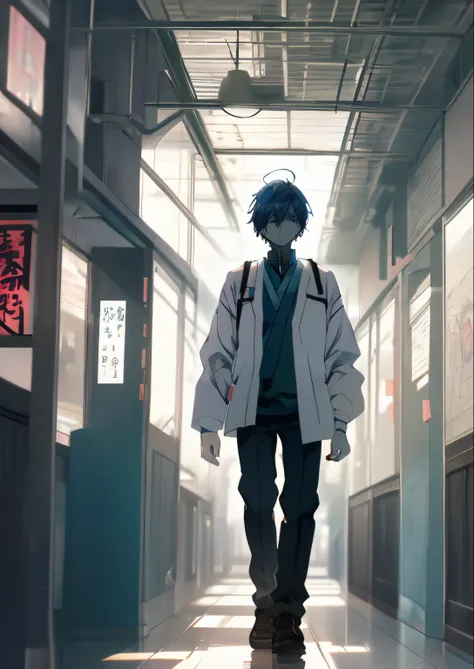 The painting is of a man standing in the corridor, Slim boy，dissipate，face drawn and pale, style of anime, in school hallway, style of anime, In a Japanese anime style,  Anime keyframes, quickly: seemingly fragile figure