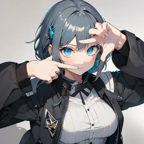 (masutepiece:1.2, Best Quality), 1 girl in, Turquoise eyes, jet-black hair, Jacket,(Gray white background:1.7),Finger Frame,full body,big breast,