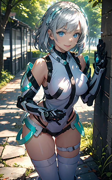 lightsmile, deva battle suit, Outdoors, Silver hair, bobhair, Blue eyes, waist shot