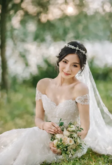 1 girl with black hair and brown eyes, waist-up, wedding, detailed hairstyle, elegant dress, flowing veil, delicate lace, bridal bouquet, romantic atmosphere, soft lighting, dreamy colors, tender expression, happy smile, gentle pose, beautiful backdrop, fl...