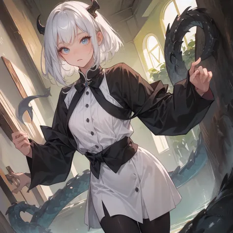 (melhor qualidade: 1.0), (super high res: 1.0), 1girl, personagem extremamente detalhado, detailed hands, Half-dragon girl, chifres, Dragon horns, Girl with black dragon tail, Black dragon tail, Cabelo extremamente detalhado, cabelo curto, ((short hair)), ...