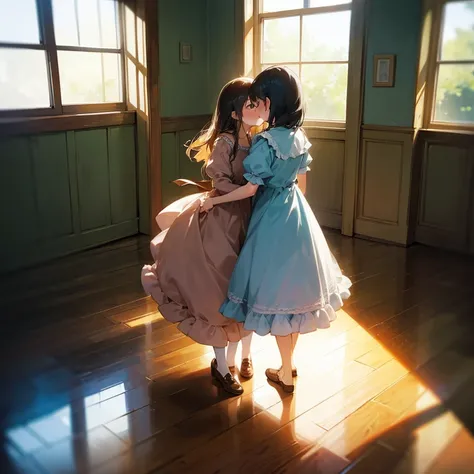 Two girls wearing frilly dresses are hugging each other and having a deep kiss.　is standing　　mule　shortsleeves　　Wooden floors　dim room　　Sunlight streaming through the window　Back lighting