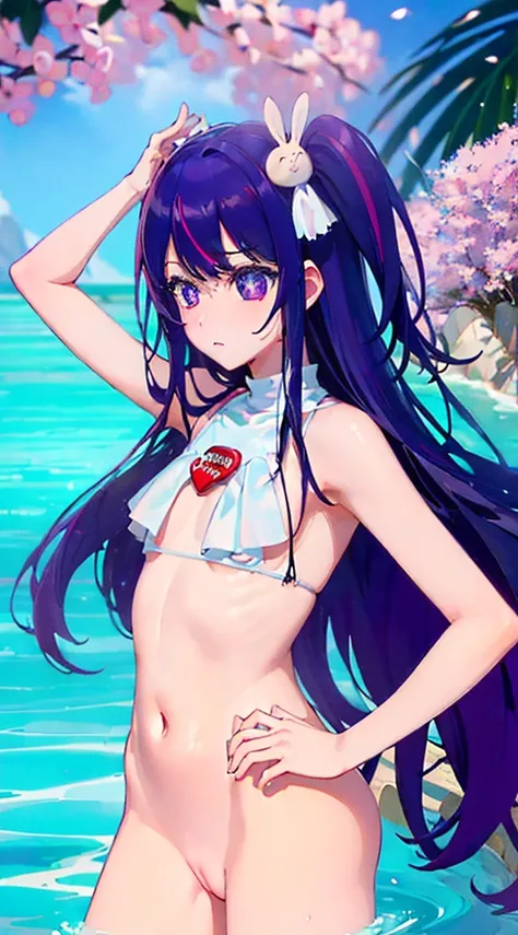 (Incredibly ridiculous absolute resolution:1.5)、(supreme: 1.5)、(top-quality: 1.5)、hight resolution、Ai Hoshino、Purple hair、Five-pointed star in the eye、one delicate naked girl、White Micro Bikini、nearly naked、in poolside、Shy face、Swimsuit digs into female ge...