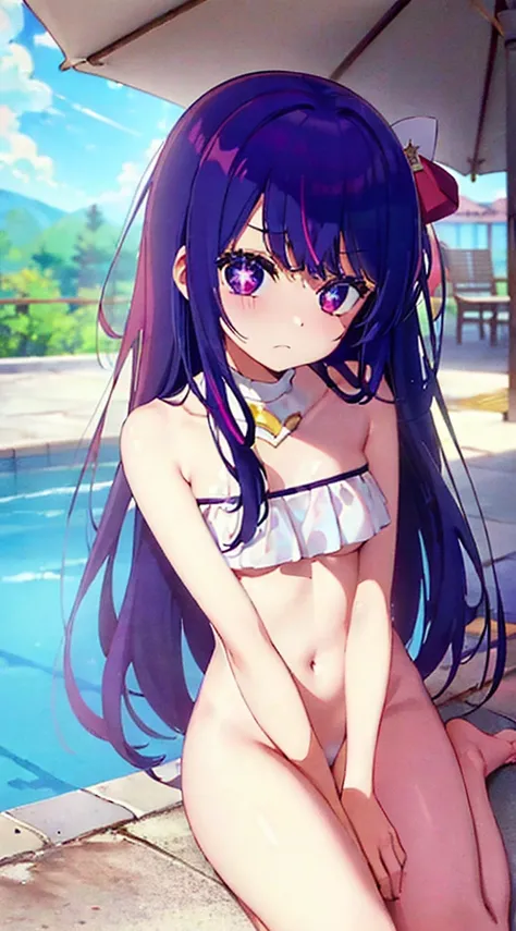 (Incredibly ridiculous absolute resolution:1.5)、(supreme: 1.5)、(top-quality: 1.5)、hight resolution、Ai Hoshino、Purple hair、Five-pointed star in the eye、one delicate naked girl、White Micro Bikini、nearly naked、in poolside、Shy face、Swimsuit digs into female ge...