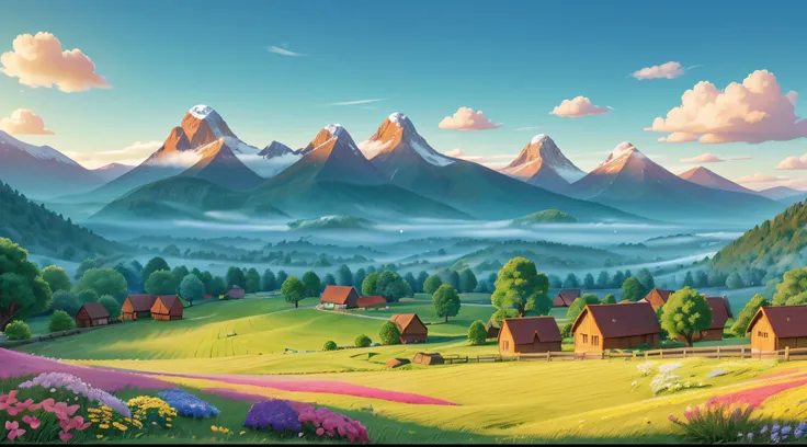 High-res, vivid blue sky landscape, Pixar-style (best quality, 4k), happy scene, with incredibly detailed clouds, lush green meadows, and majestic mountains in the backdrop. The scene showcases a serene and peaceful environment, with soft sunlight casting ...