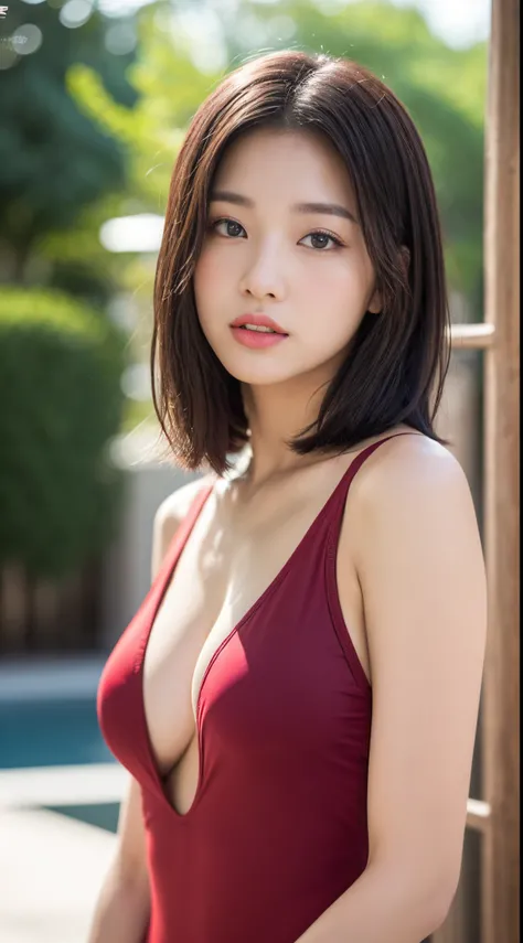 Highly detailed CG Unity 8K wallpapers、top-quality、ultra-detailliert、​masterpiece、realisitic、Photo Real、extremely detailed cute girl、25-years old、red blush、、roundly eyes、Medium chest、viewer、Semi-body shot、onepiece swimsuit、short-cut、Soft look