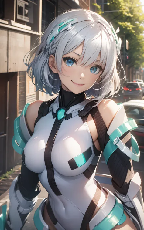 lightsmile, deva battle suit, outdoors, silver hair, bobhair, blue eyes, waist shot