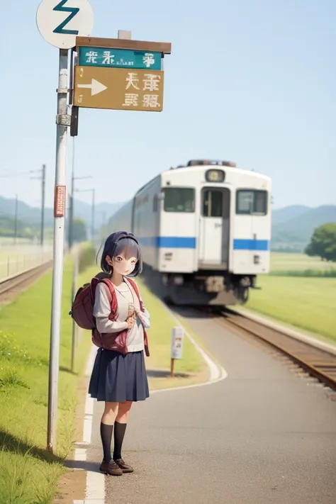 an arafe girl standing on the station platform with a backpack on her back, japan rural travel, lonely girl waiting for train, b...