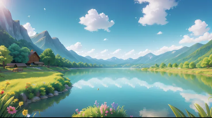 (best quality,4k,8k,highres,masterpiece:1.2),ultra-detailed,realistic,blue sky landscape,beautiful pixar style,happy,vivid colors,bokeh,light-filled,serene,peaceful,majestic mountains,lush green fields,wildflowers in bloom,floating clouds,dreamlike,pastora...