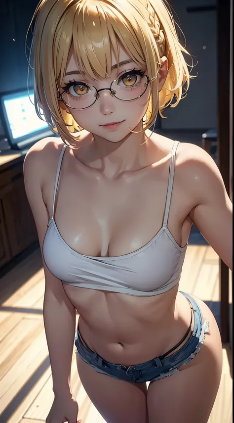 1girl, bangs, tight shoulders, loli body, 15 year old girl, blonde hair, short hair, yellow eyes, breasts, cleavage, sensual mouth, small breasts, ass facing the viewer, back to the screen, smile, tense, micro shorts 1.3, Ultra HD | | | |, 4k image, glasse...