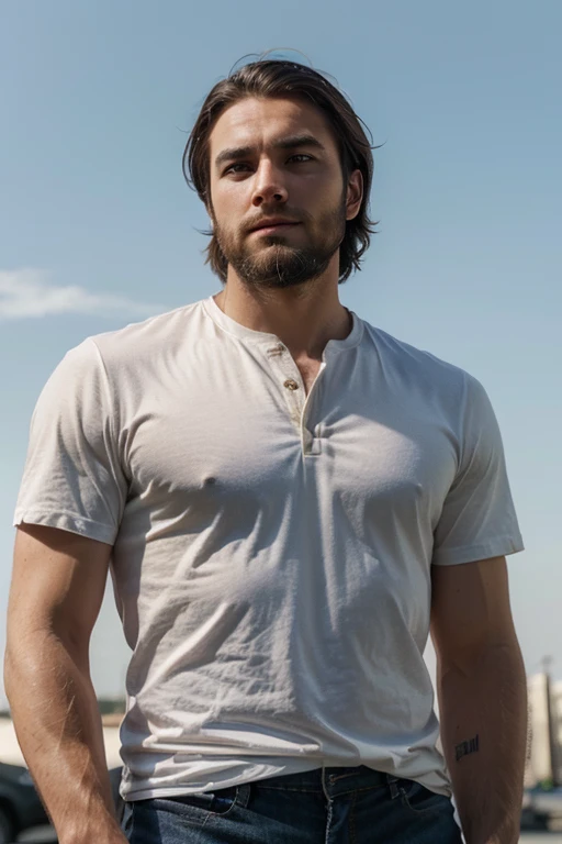 young hardworking man, beard,masculine,sharp nose,medium length hair,fair skin,movies type resemblence, simple background,looking at sky