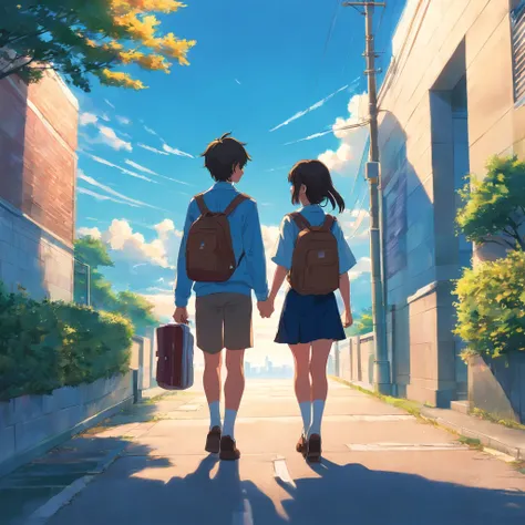 "A teenage boy and girl, both in high school uniforms, walking side by side under a bright blue sky on their way to school. The scene captures them from behind, creating an emotional atmosphere as they engage in a morning conversation.