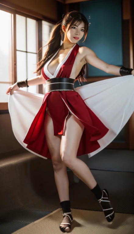 mai shiranui, Brown eyes, Full body portrait, Toes are visible, Standing, Full body, Prestige, Long hair, Brown hair, White ribbon, Sleeveless, poneyTail, sash, pelvis curtain, arm guards, mitts, tabi, fascinated expression, Sexy eyes, medium breasts, Smil...