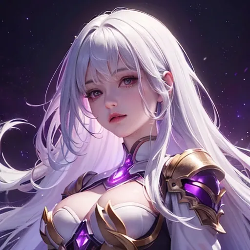 (master piece), close up, highlighting half body, close up of a woman with long hair, curly hair, (white hair), and a purple dress, Anime Girl with cosmic hair, beautiful digital art, beautiful digital art, beautiful ( purple garment) beautiful digital art...