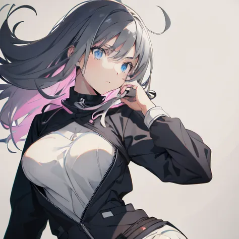 (masutepiece:1.2, Best Quality), 1 girl in, Blue eyes, jet-black hair, Pink inner hair, Jacket,(Gray white background:1.7),Full body,Big Breast,