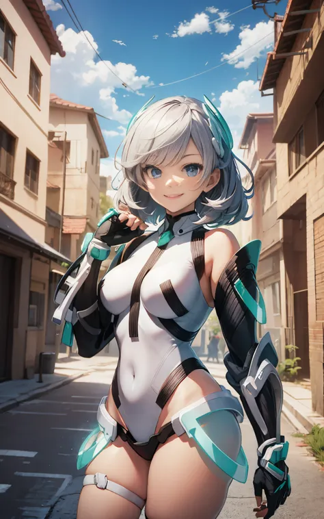 lightsmile, deva battle suit, outdoors, silver hair, bobhair, blue eyes, waist shot