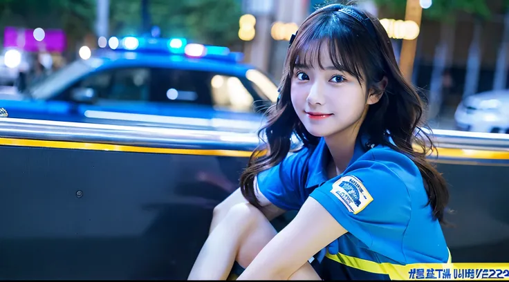 Cute female police officer, 18 years old, wearing a blue miniskirt