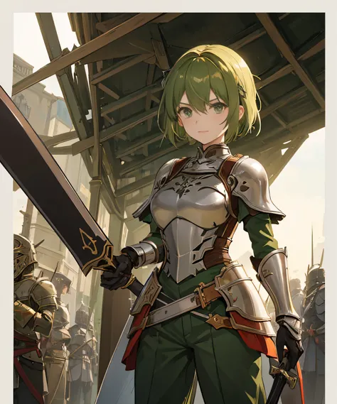 female knight, short brown hair, green eyes, metal bow on her head, heavy armor, red pants, silver greaves, holding a long and heavy sword, role-playing game environment, sword art online style.