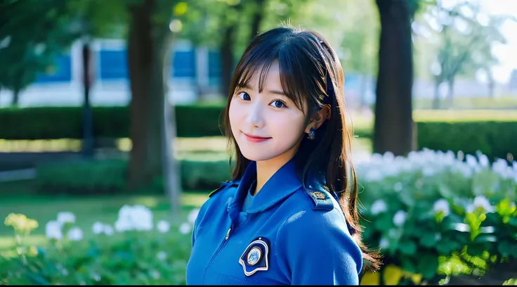 Cute female police officer, 18 years old, wearing a blue miniskirt