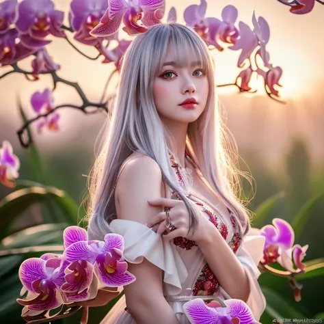 (CG 8k wallpaper extremely detailed, masutepiece, Best Quality, Ultra-detailed), (better lighting, better shadows, Extremely delicate and beautiful), floating, High color saturation, Dynamic Angle, ((1girl in)), Gorgeous, Ning Guang(Orchid Evening Dresses)...