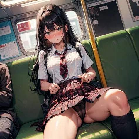 Black-haired schoolgirl、No panties、pussy juice,pussy juice,Teary-eyed、Camel hoof、On the train、masturbated,clitoris、red blush、Teary-eyed、Open your crotch、(Green plaid skirt)